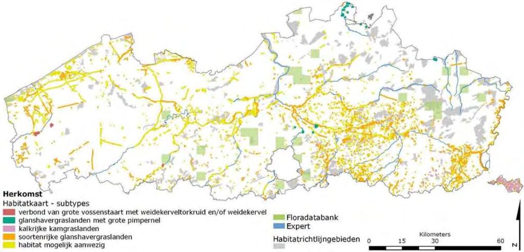 Figuur 3: Verspreiding van het habitattype 6510 volgens Paelinckx (2009) aangevuld met IFBL-uurhokken waarvoor de floradatabank de aanwezigheid van typische soorten weergeeft.