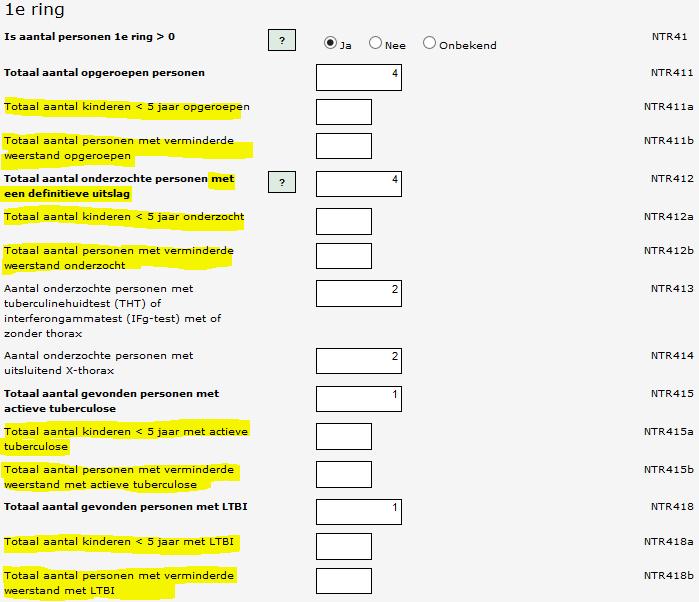 Deel 4 Bron-/ contactonderzoek Zijn er contacten opgeroepen nee ja onbekend NTR40 Indien ja: Vetgedrukte items zijn verplicht in te vullen Voor iedere in te vullen ring geldt dat het totaal aantal