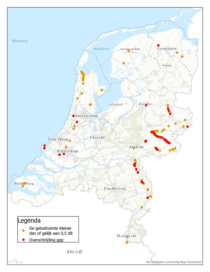 Figuur 1: Landelijk beeld van gpp-overschrijdingen en baanvakken met een krappe geluidruimte In de volgende paragrafen worden de twee categorieën gpp-overschrijdingen nader uitgewerkt. 3.7.