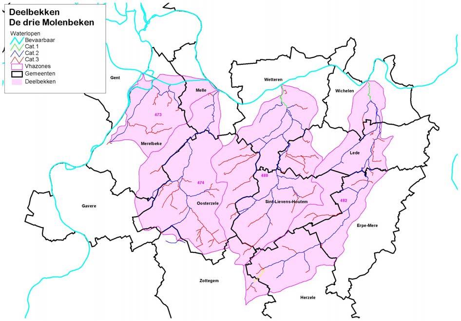 Figuur 13: afbakening met de gemeenten van het deelbekken De drie Molenbeken (bron: website provincie Oost-Vlaanderen) De concrete projectorganisatie en de doelstellingennota worden opgesteld volgens