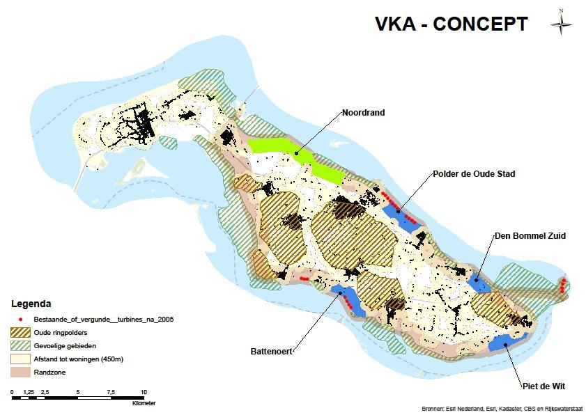 Figuur 1 Concept kaart voorkeursalternatief uit het memo Van planmer naar Structuurvisie, concept 3.1 van 2013. 1. Beoordeling concept VKA integraal De plaatsingsgebieden die ook zijn opgenomen in het concept VKA zijn in het planmer afzonderlijk beoordeeld.