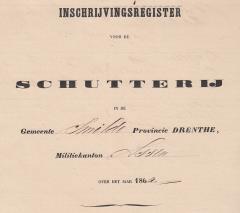 Inschrijf-register voor de Rustende Schutterij in de Gemeente Smilde Provincie Drenthe Militie-Kanton Assen over het jaar 1862 Volg Naam en voornamen van de ingeschrevene. Tijd van Geboorte plaats.