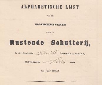 Alphabetische lijst van de ingeschrevenen voor de Rustende Schutterij, in de Gemeente Smilde Provincie Drenthe, Militie kanton Assen voor het jaar 1862. Naam en voornamen van de ingeschrevene.