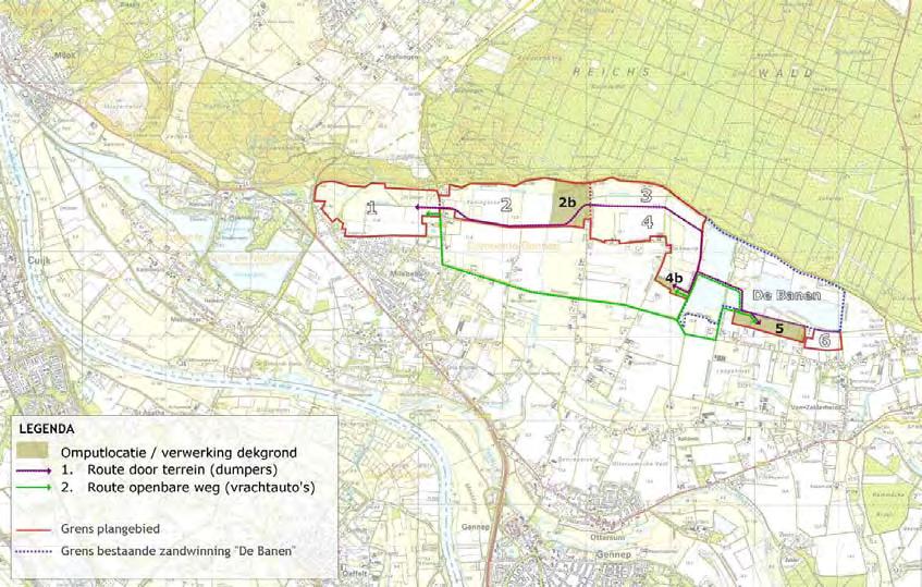 Figuur 7.3 Routes transport bouwvoor naar mogelijke omputlocaties Het afgraven van de bouwvoor vindt niet in één keer plaats, maar gebeurt gefaseerd over een periode van meerdere jaren.