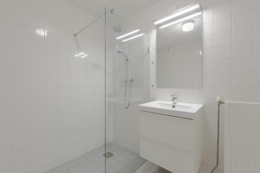 Daartegenover ligt de nette moderne badkamer voorzien van een wastafelmeubel en een grote inloopdouche, een ligbad behoort tot mogelijkheden.