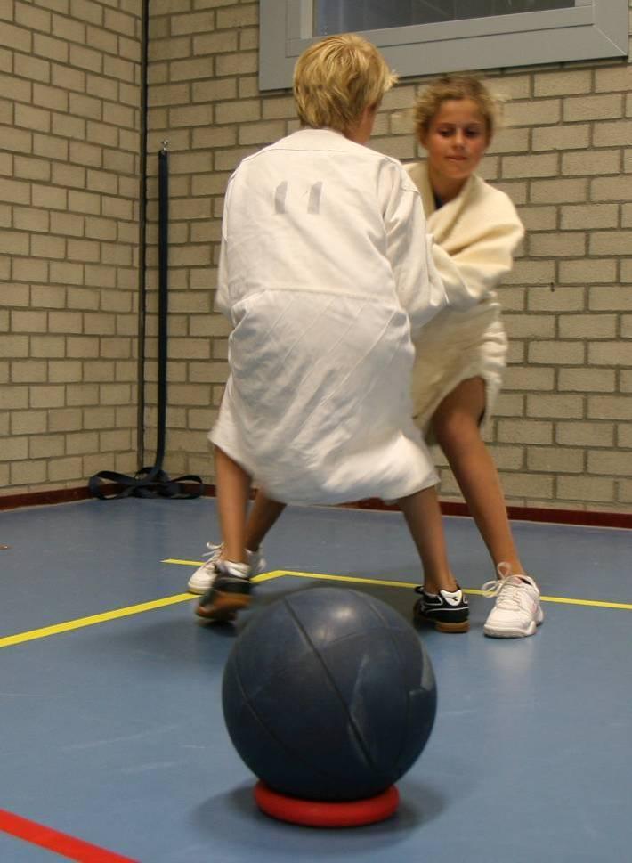 Zit op de bal Pak elkaar vast bij judojasje of pols-pols greep en probeer op de bal te zitten.