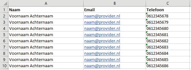 Voorbeeld: Let op: Zorg dat het Excel-bestand het juiste format heeft, anders kan het niet worden ingelezen.