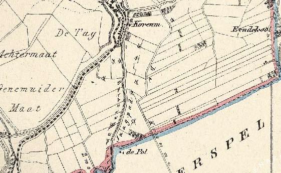 4. De historische gegevens Kaart gemeenteatlas uit 1865 met op de grens van Zwollerkerspel de boerderij De Pol.