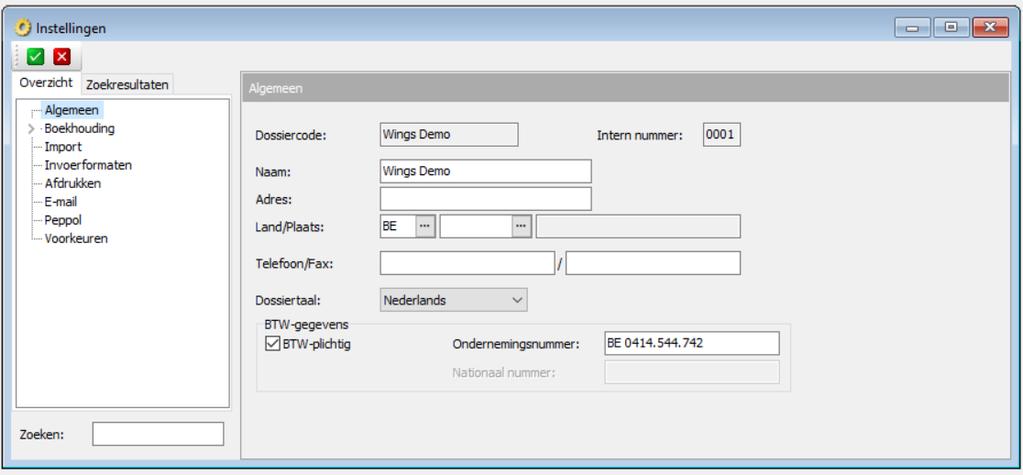 INSTELLINGEN 1.1. Wings parameters Algemeen Parameters beïnvloeden de werking van het programma.