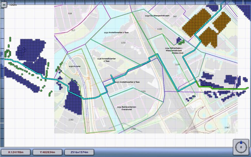 Het gearceerde gebied geeft het groepsrisico van het groen gekleurde stuk leiding aan.