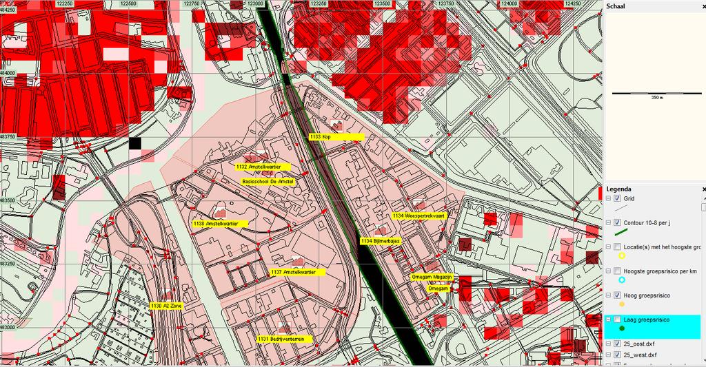 3.2 Resultaten transport gevaarlijke stoffen over het spoor 3.2.1 Plaatsgebonden risico De plaatsgebonden risicocontouren zijn weergegeven in Figuur 19.