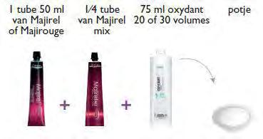 Mix blauw + 75 ml. oxydant crème 20 vol Het neutraliseren van de verhelderingsbasis roodoranje voor een natuurlijk resultaat.