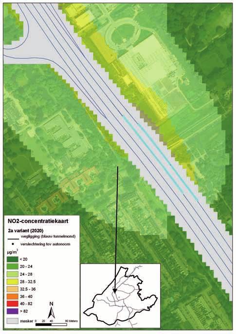 Bijlage C 8 / 10 TNO-rapport TNO-034-UT2009-00805_RPT-ML Tunnel in de verbrede A13 nabij Delft Figuur C7 Concentratiekaart bij de noordzijde van tunnel in de verbrede A13 nabij Delft.