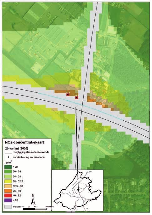 TNO-rapport TNO-034-UT2009-00805_RPT-ML Bijlage C 9 / 10 Tunnel in het nieuwe A13/16 tracé Figuur C8 Concentratiekaart bij de westzijde van de tunnel in het nieuwe A16 tracé.