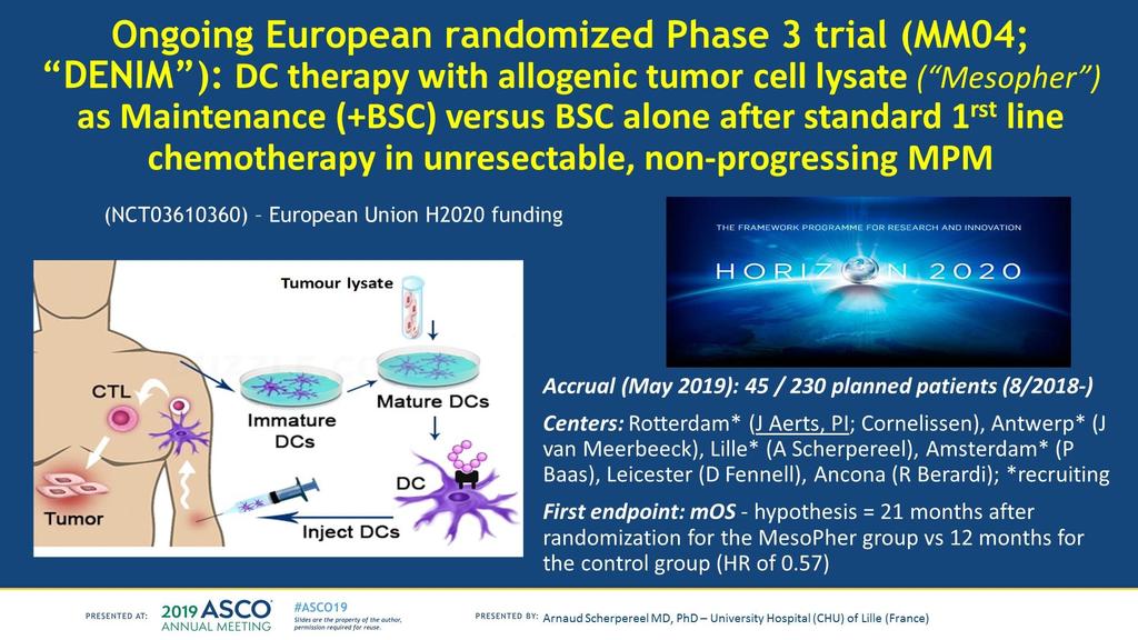 Ongoing European randomized Phase 3 trial (MM04; DENIM ): DC therapy with allogenic tumor cell lysate ( Mesopher ) as Maintenance (+BSC) versus