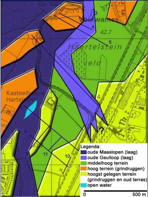 Bijlagen Globaal beeld van de verdeling van lage en hoge terreindelen noordelijk van Itteren (Van de Graaf & De Kramer 2005) Het reliëf van het Geistingenterras is in het gebied oostelijk van het