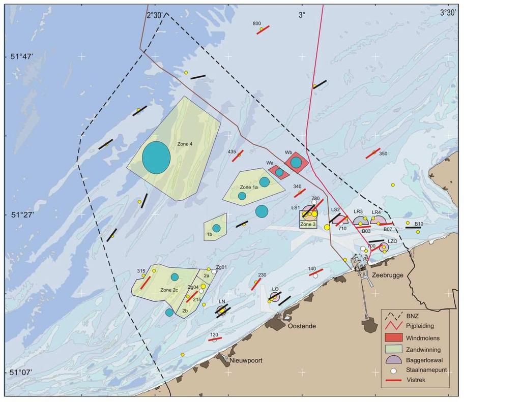 Kust en Zee Figuur 38: Overzichtskaart met de staalnamepunten van het BNZ waarvoor tijdreeksen bestaan of worden opgebouwd binnen de afdeling Biologische Monitoring van het DvZ.