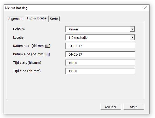 Tab Tijd & Locatie In de tweede tab kun je gegevens invoegen betreffende de tijd en locatie: Uitleg per veld: Veld Uitleg Locatie Selecteer hier het gebouw.