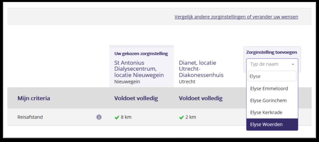 3. BEKIJK DE RESULTATEN IN HET OVERZICHTSSCHERM (vervolg) Als u in het Resultaatscherm omlaag scrollt, ziet u wat de dialysecentra bieden aan: dialyse-behandelvormen dialysediensten (nierpoli,