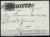 Diena. Cat. waarde 900,-. Sassone 2 1 B Grey green, used on cover from 11-1-1853, canceled with M. GRANARO in box, to Macerata. Signed A. Diena.