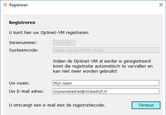 Als de pc een verbinding met internet heeft, kan de Optinet-VM direct on-line worden geregistreerd door op de link www.opticom.nl te klikken.