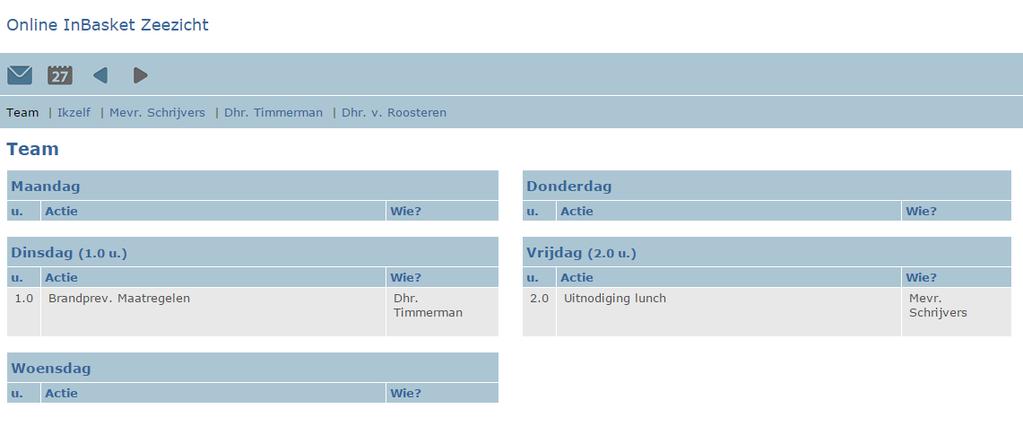 Agenda Door te klikken op, komt u bij het scherm waar u de agenda's van het hele team in ziet. Daarin staan straks ook de acties die door u worden ingepland.