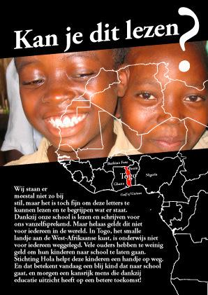 voorkant flyer achterkant Christelijke Basisschool De Evenaar zet zich in voor Togo Nadat Thymo Mauer (ondertussen oud-leerling) vorig jaar Stichting Hola als goed doel had voorgesteld, en wij een