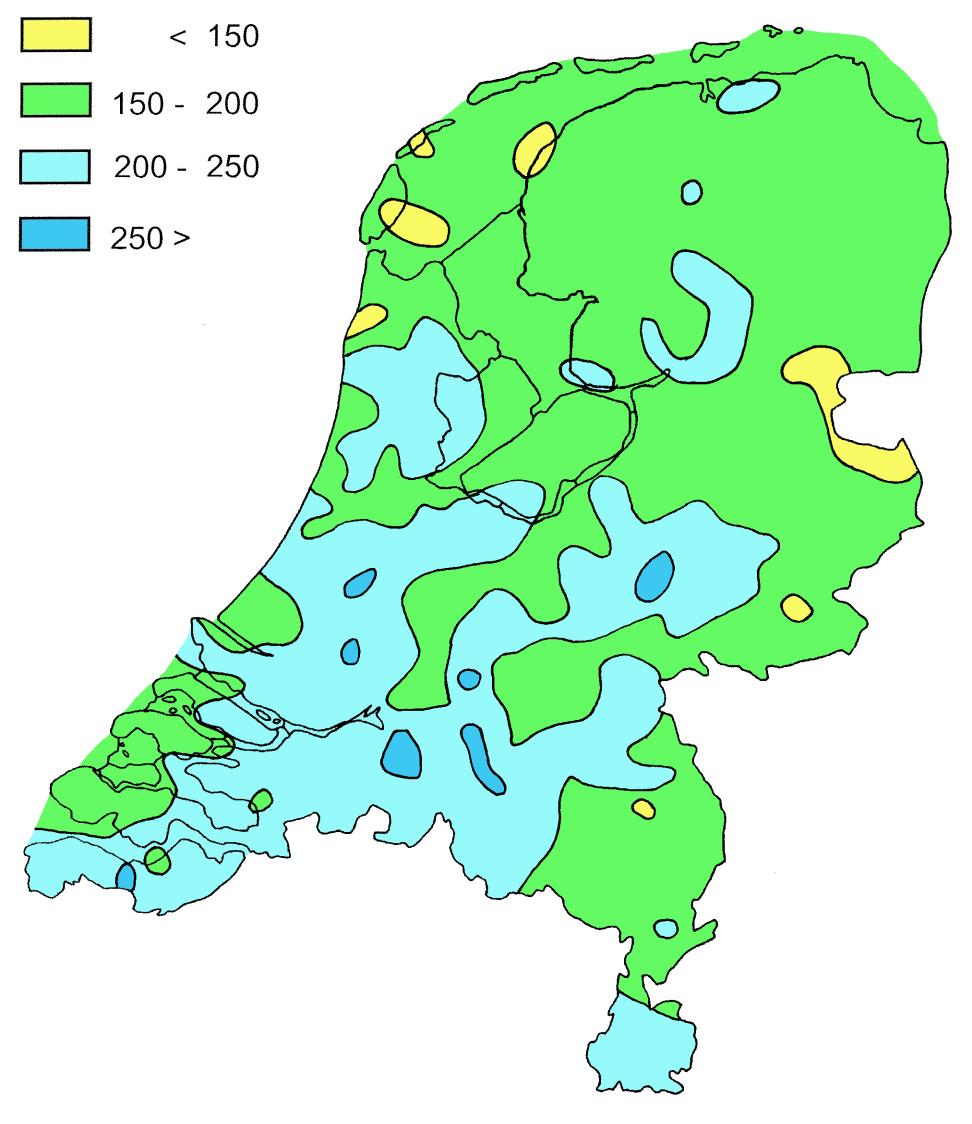 166 in Maastricht. De Bilt telde 45 droge dagen (< 0,1 mm) tegen 49 normaal. Tubbergen (Ov) noteerde liefst 55 zulke dagen en Hulshorst (Gel) kwam niet verder dan 25.