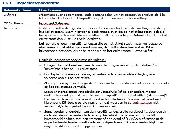 Wijziging instructie: Ingrediëntendeclaratie (ingredientstatement) (3.6.