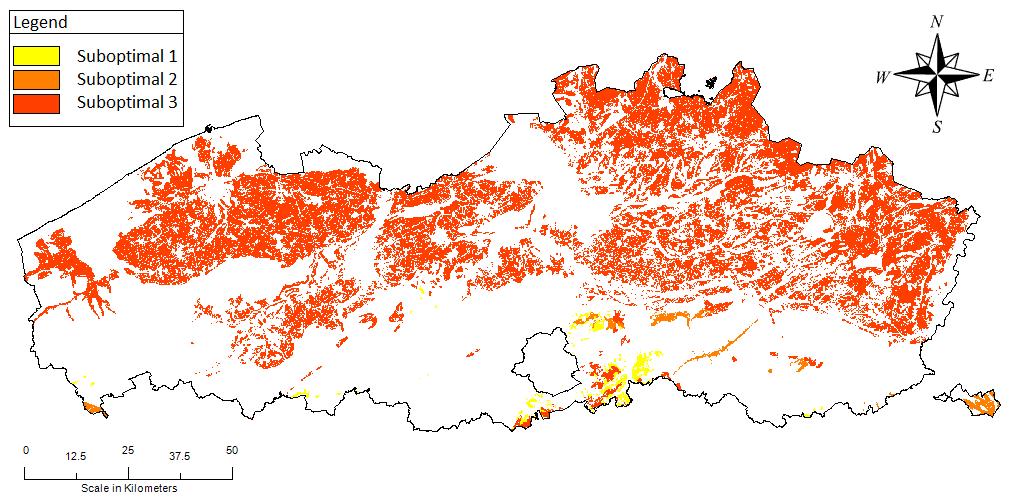 Waar (op welke landeenheden) in Vlaanderen is conversie naar productiebosbouw meest aangewezen wanneer bodemorganische koolstof, bodemverlies door winderosie en bodemgeschiktheid aan de orde zijn?