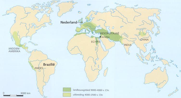 Er leven nu nog jagers in Nederland. Kijk naar de kaart, dit is een geschiedenis kaart. De kaart laat de geschiedenis van de eerste boeren zien. Zie je de legenda voor donker-groen?