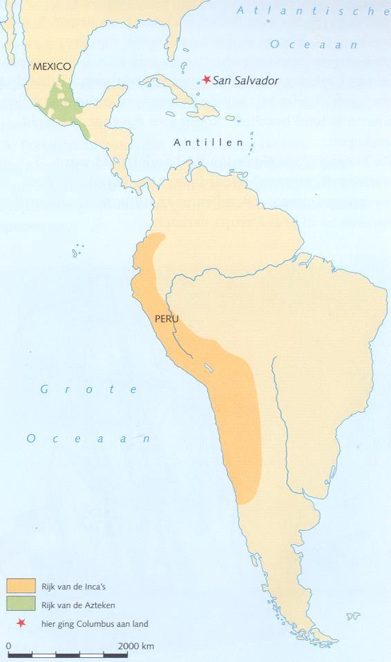 Kijk goed naar de oude kaart van Zuid-Amerika. Zie jij de rode ster? Hier kwam Columbus aan land in Amerika. Er woonden toen al mensen in Amerika.