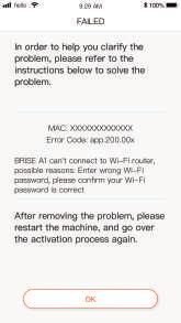 De WiFi die u instelt is 5G, maar BRISE A1 ondersteunt dit niet. Kies 2.4G WiFi. 2. Het WiFi-wachtwoord is verkeerd ingevoerd.