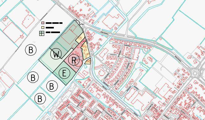 KEUZE OPTIES SCHAALGROOTTE R = Ruïne terrein volgens eigendom SMB E = Evenementen terrein W = zogenaamde Westerbeek terrein B = Bollegrond rondom Note: GEEL = woningen Het huidige terrein zoals nu in