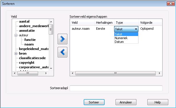 14. Sorteren - U kunt zoekresultaten in Adlib sorteren door in een lijstscherm op de knop Sorteren te klikken. Het venster Sorteren opent, waarin u kunt opgeven hoe gesorteerd moet worden.