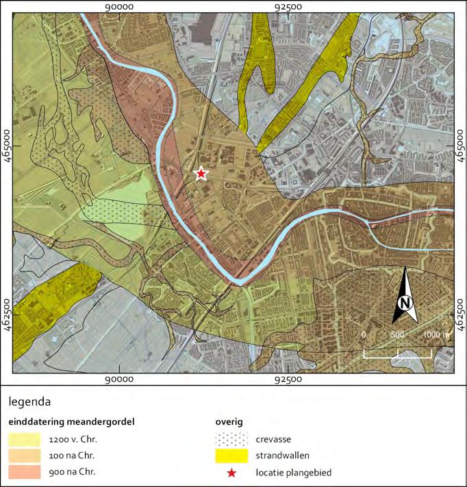 Plesmanlaan/A44 13 Figuur 2.2 Uitsnede Digitaal Basisbestand Paleogeografie van de Rijn-Maas Delta met het plangebied (rode lijn) en de huidige loop van de Oude Rijn (lichtblauw; bron: Cohen et al.