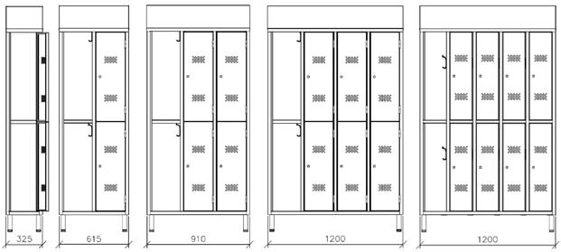 Kolommen Deuren X1E1-2 1 2 325 x 400 x 1800 mm / 2000 mm X1E2-4 2 4 615 x 400 x 1800 mm / 2000 mm X1E3-6 3 6 910 x 400 x