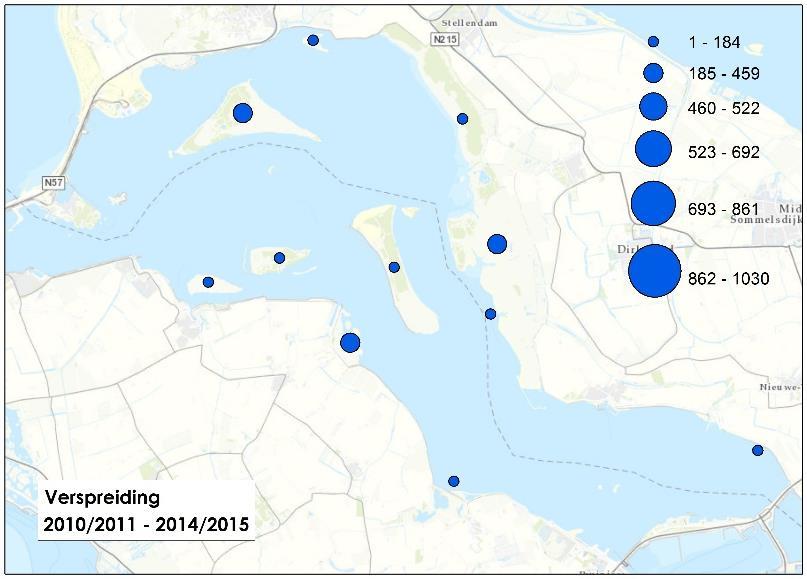 Goudplevier, 1%-norm=9250 De verspreiding van de Goudplevier is nogal grillig, grote groepen duiken nu weer hier, dan weer daar op.