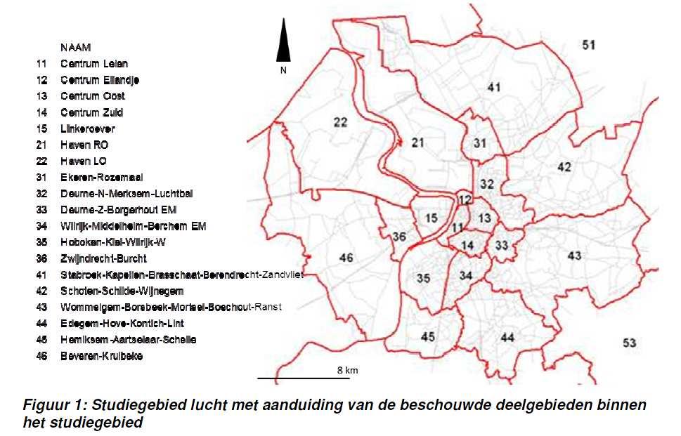 109 Belangrijk om weten is dat bij de beoordeling van deze cijfers een enorm studiegebied van 723 km² gebruikt wordt, dat reikt van de Nederlandse grens tot Beveren, Lint en Schilde (p.