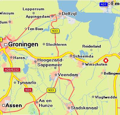 A7 Groningen - Nieuweschans - afslag Nieuweschans, einde afrit rechtsaf - na drie kilometer
