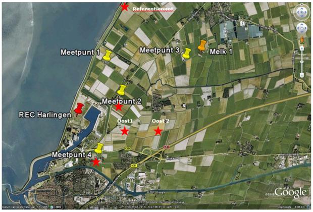 Figuur 10 Globale positionering additionele PAK meting in gras ( ) rond de REC en een referentiemeting meer noordelijk.