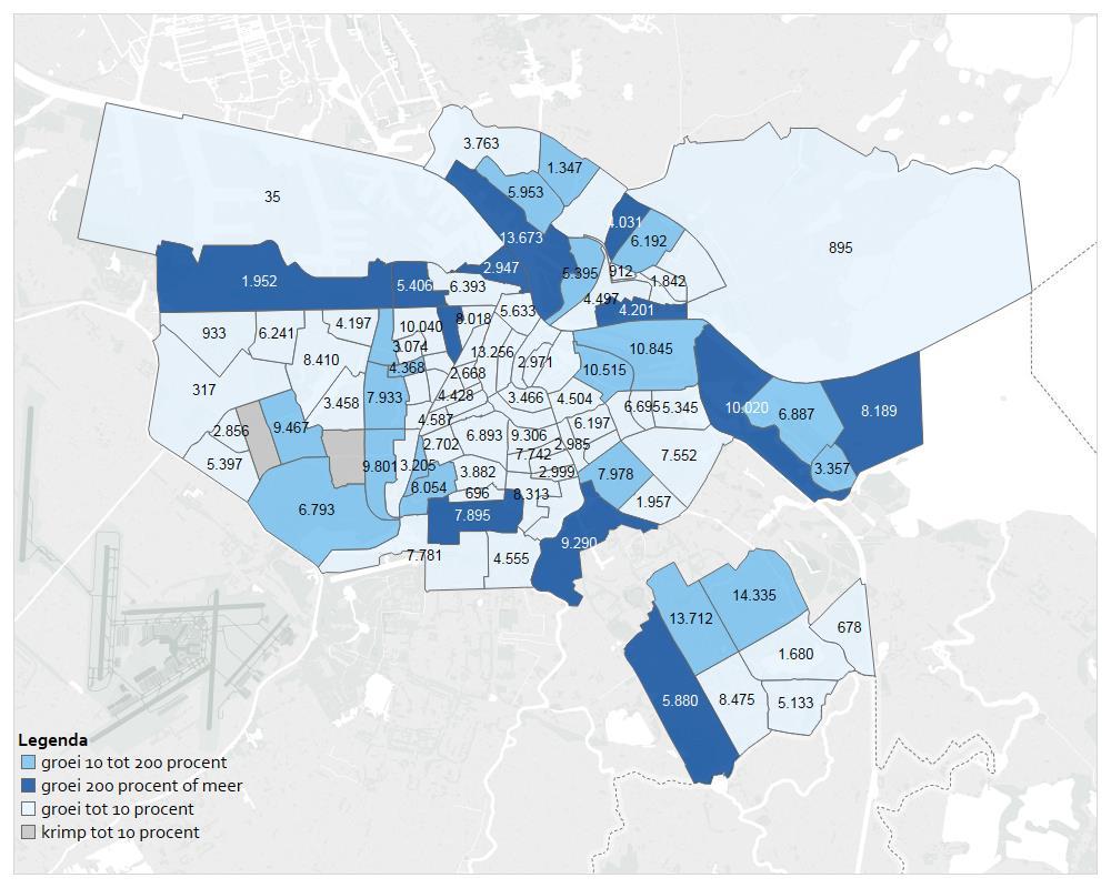 Figuur 2.2 laat zien in welke wijken de woningvoorraad het sterkst zal toenemen.