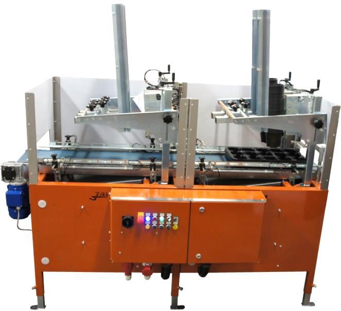 3 Beschrijving van de machine 3.1 Machineoverzicht A A A. Pottenvoorraadgoot B. Potopzetters C. Stoppers voor trays D. Transportband E. Stoppers laatste positie tray F.