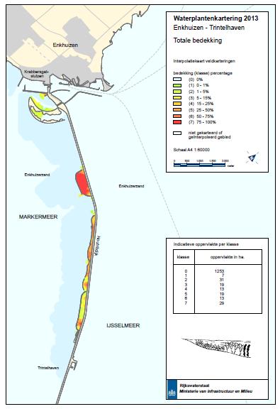 Figuur 5. Resultaten van de kartering van waterplanten tussen Enkhuizen en Trintelhaven in 2013. De overgang van donkerblauw naar lichtblauw is de begrenzing van het karteringsoppervak.