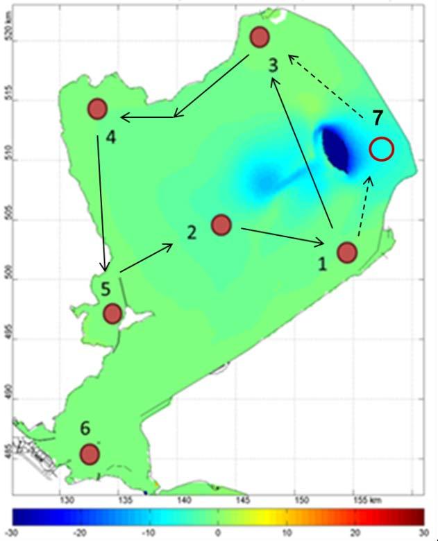 Figuur 7. Huidige meetlocaties voor waterkwaliteit en de gebruikelijke vaarroute vanuit Lelystad (Locatie 6 wordt op een andere dag bezocht).