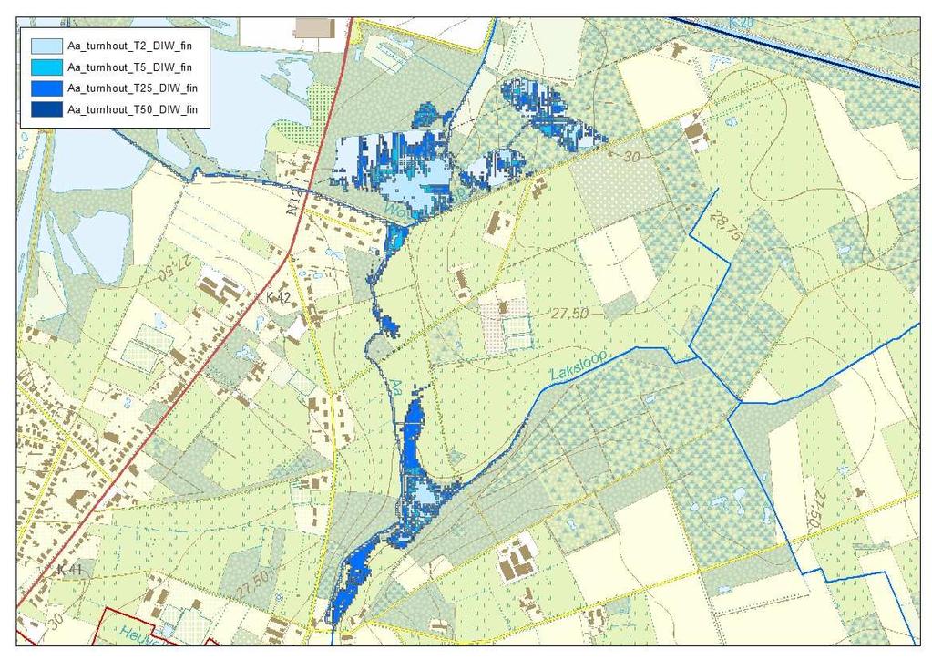 Overstromingskaarten stroomopwaarts Lage Mierdseweg -> weinig verschil tussen bestaande en nieuwe toestand, enkel t.h.v.