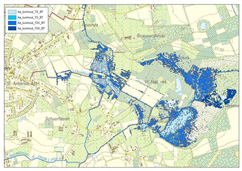 Overstromingskaarten stroomafwaarts Lage Mierdseweg Bestaande toestand