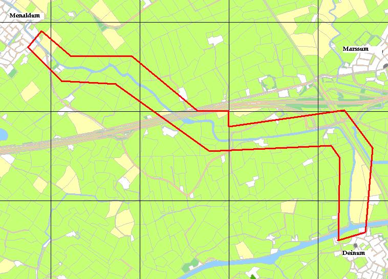 Afbeelding 1.1 Plangebied traject Menaldumervaart (binnen het rode kader). 1.3 HUIDIGE SITUATIE EN GEPLANDE BODEMVERSTORINGEN Het gebruik van de vaart verandert niet, alleen de oevers en kaden worden verbeterd.