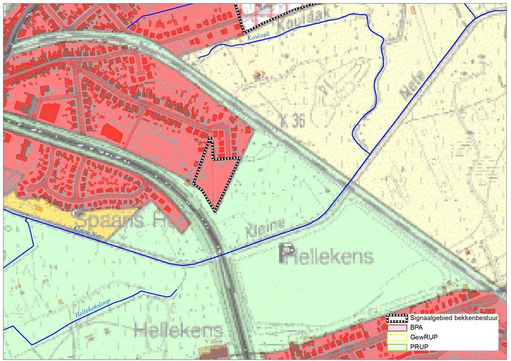 Figuur: situering signaalgebied op gewestplan met aanduiding van goedgekeurde BPA s en RUP s en weergave van de bebouwingstoestand volgens het Grootschalig Referentiebestand GRB.