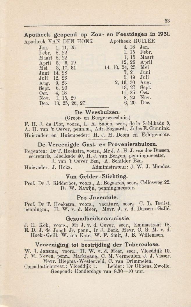 Apotheek geopend op Zon~ en F'eestdagen in 1931. Apotheek VAN DEN HOEK Apotheek RUITER Jan. 1, 11, 25 4, 18 Jan. Feb!'. 8, 22 1, 15 Febr.